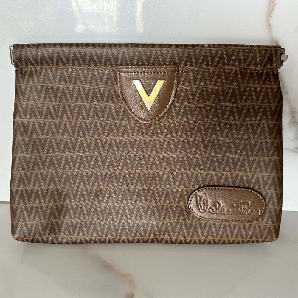 Mario Valentino Vintage Brown V Printed Logo Clutch Bag